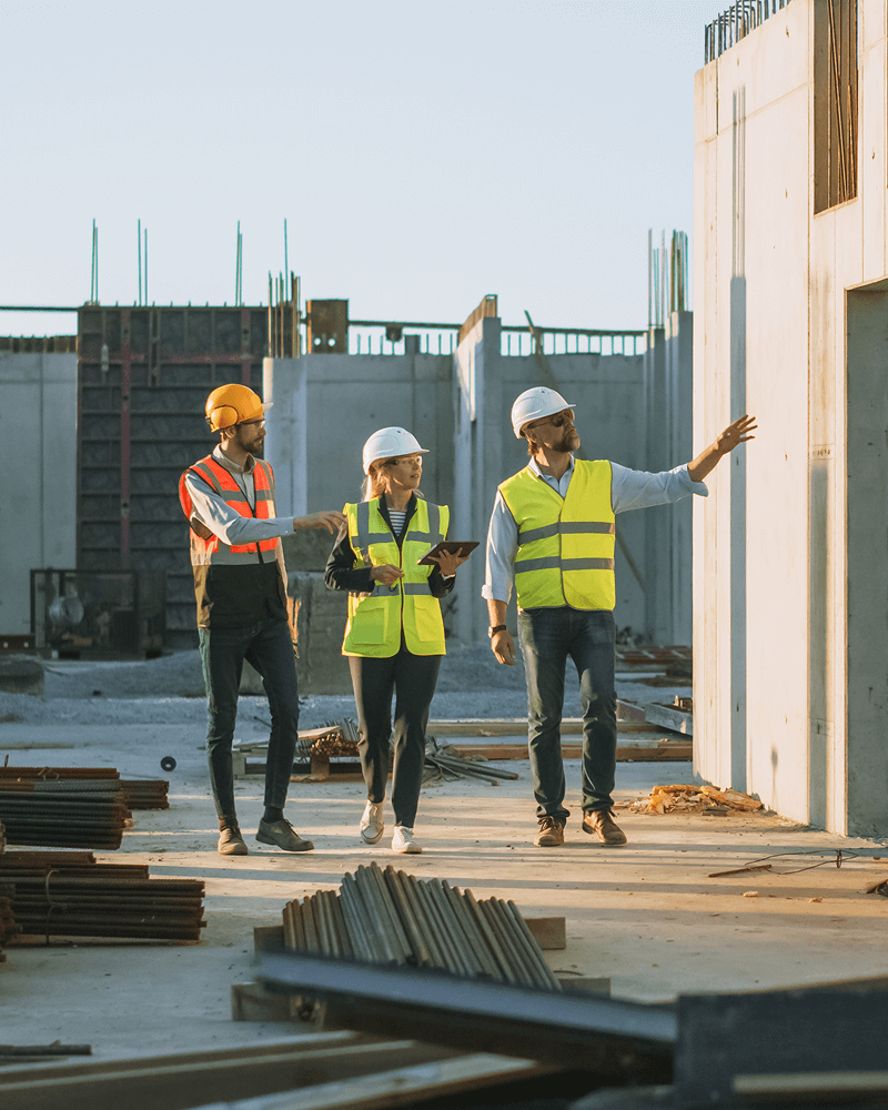 Équipe d’ingénieurs et chefs de chantier en gilet haute visibilité inspectant une construction.